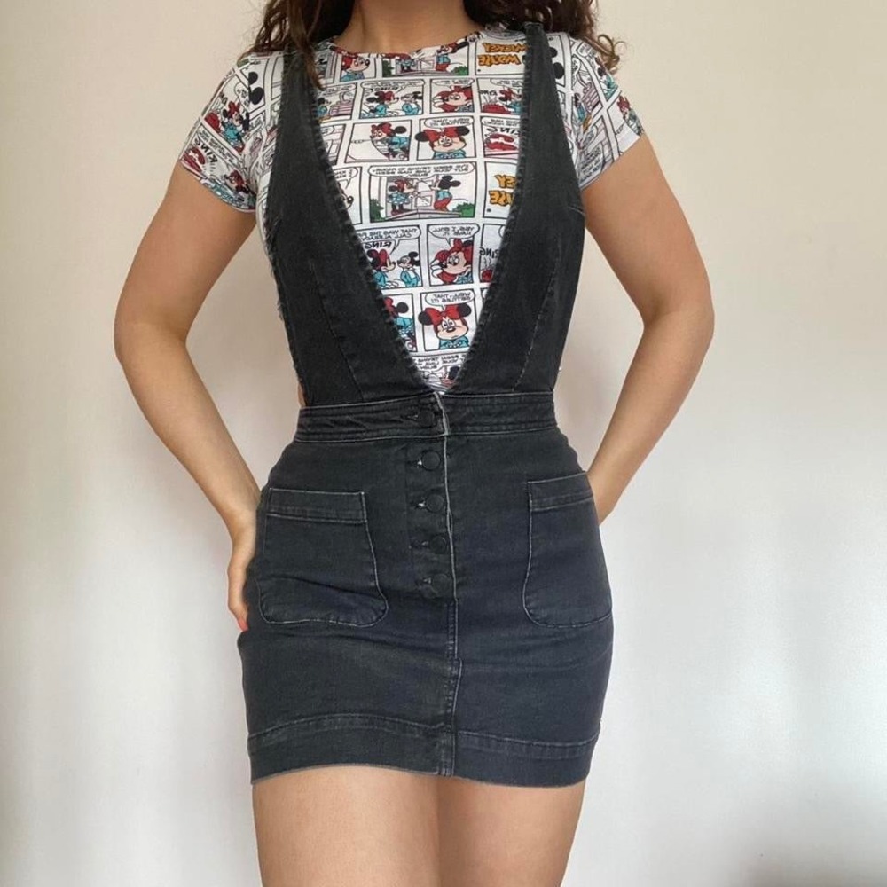 Free People We The Free Black Denim Pinafore Button Front Mini Jumper Dress 26